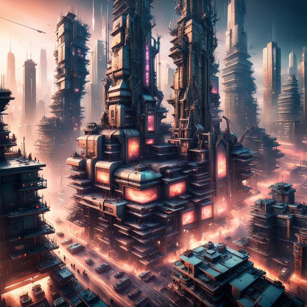 Dystopian Cityscape with Malfunctioning Cyborgs