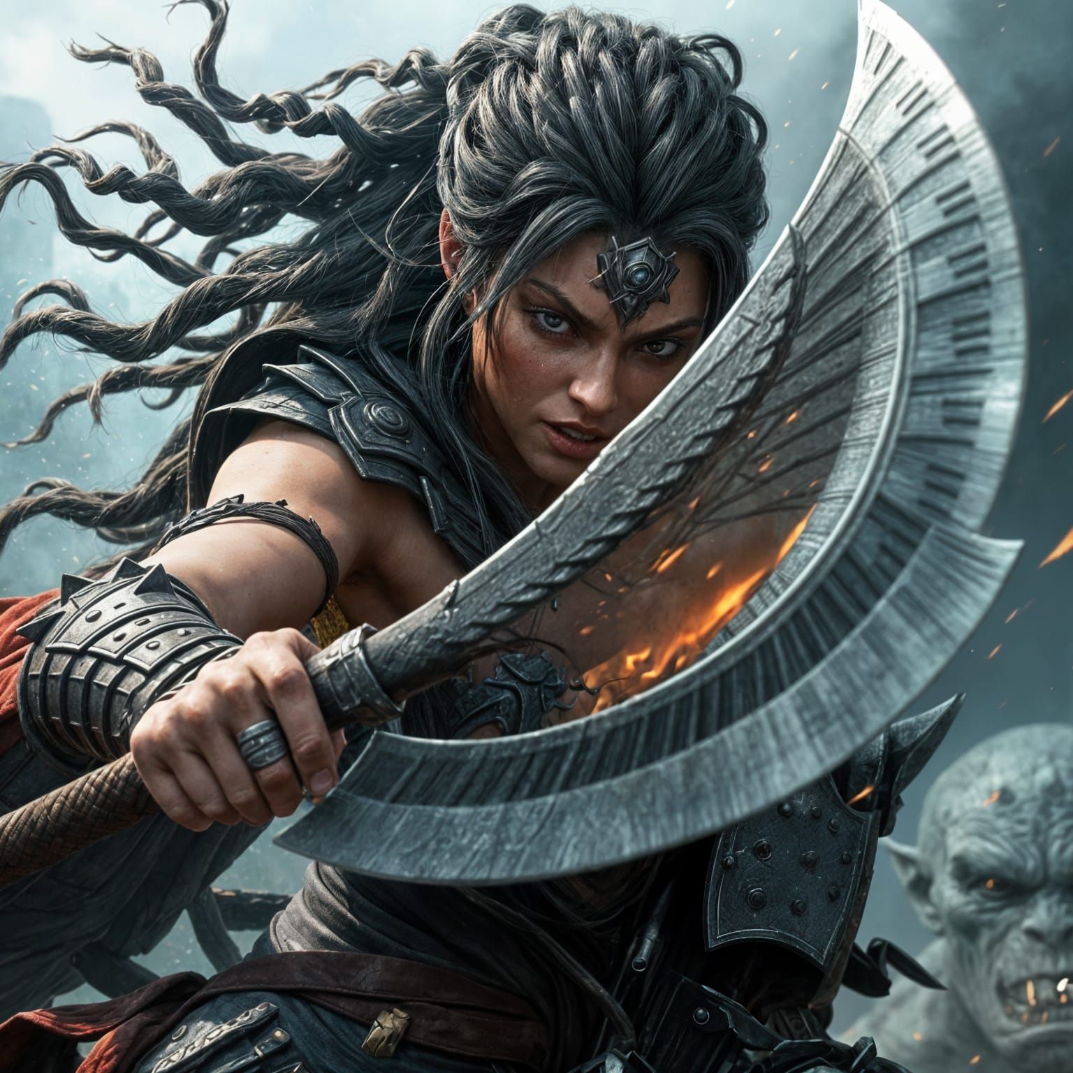 Ethereal Amazon Warrior Unleashes Fury on Grey Orc