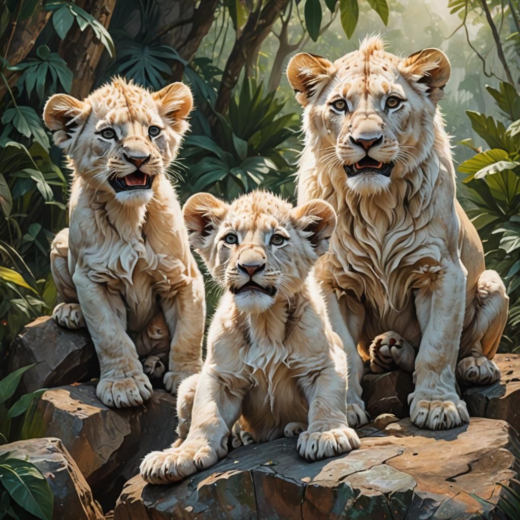 White Lion Cubs in Jungle, Hyperrealistic Art