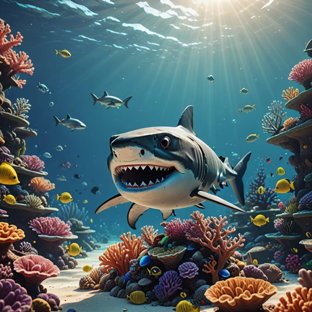 Cartoon Shark Explores Reef in Pixar Style
