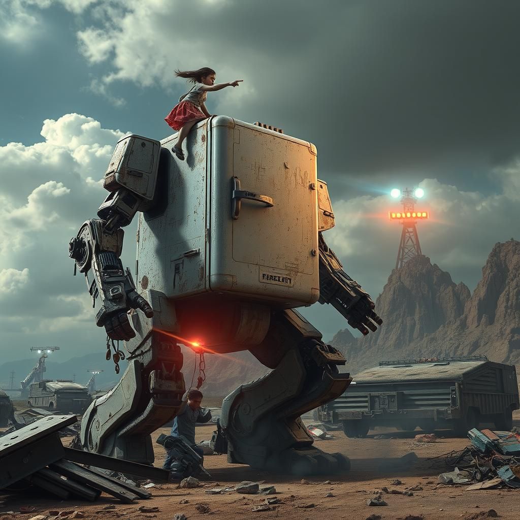 Refrigerator Battle-Mech Strides Junkyard Battlefield