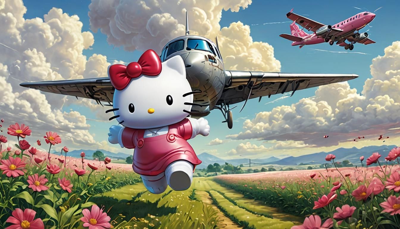 Happy Hello Kitty Prancing in Sunny Field