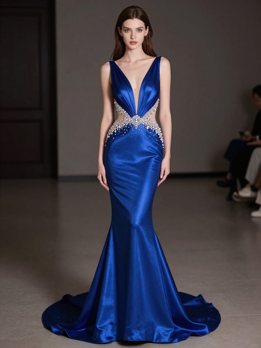 Royal Blue Silk Gown with Crystal Waist
