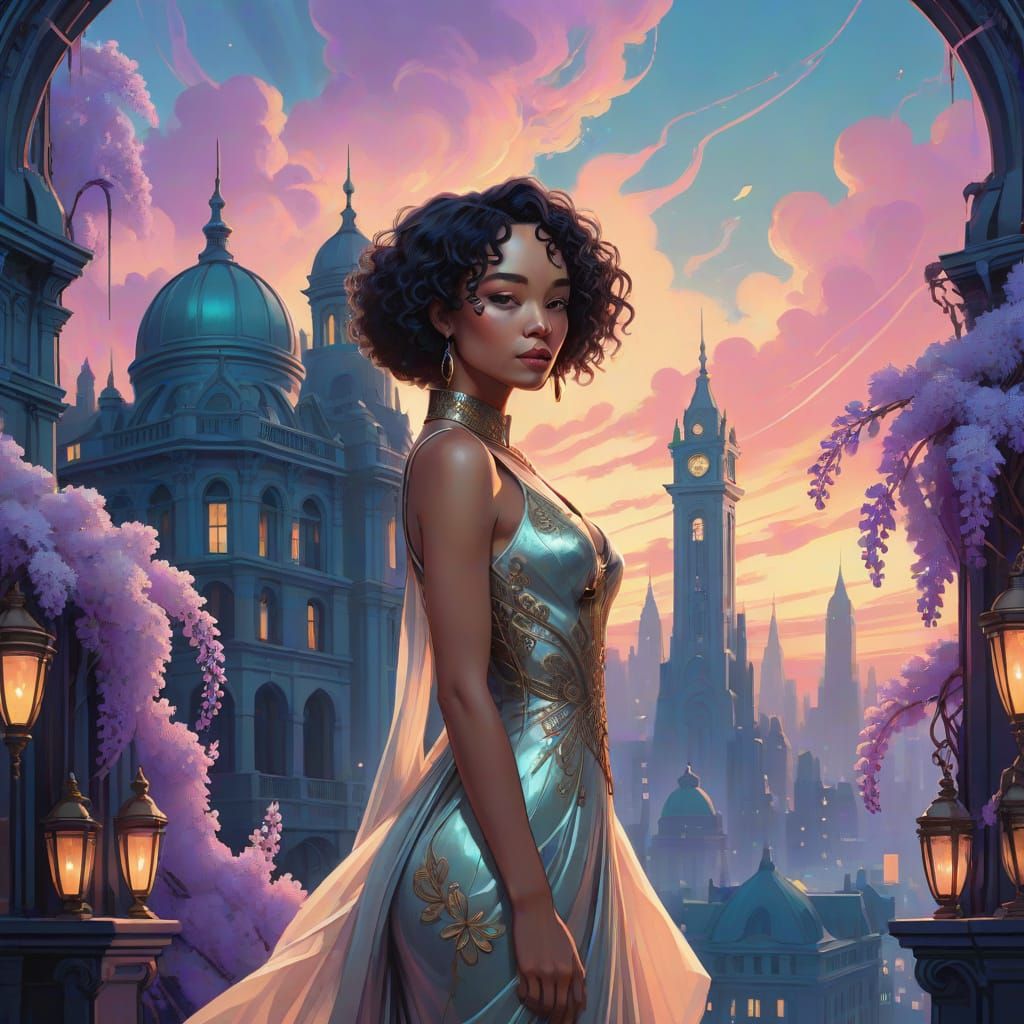 Ethereal City Saint in Art Nouveau Digital Illustration