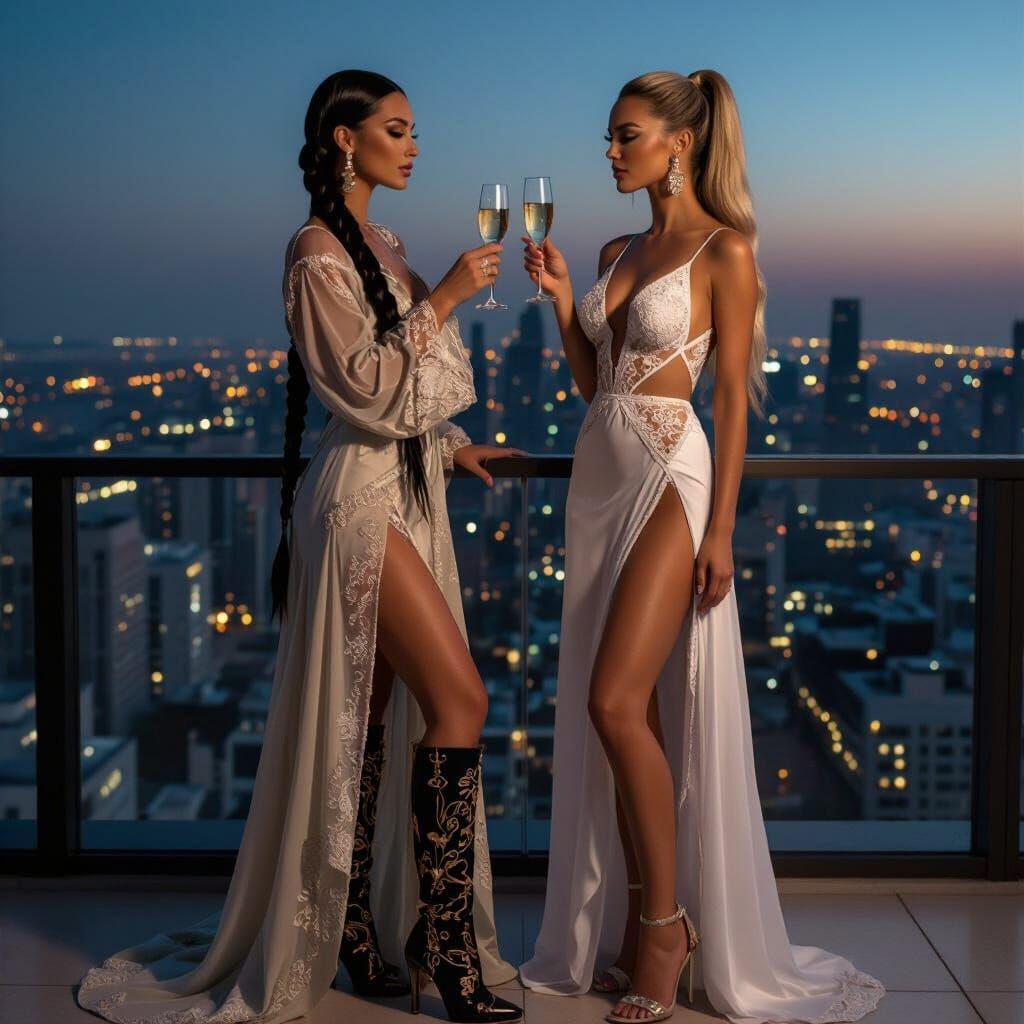 Elegant Goddesses on Penthouse Balcony Overlooking Cityscape