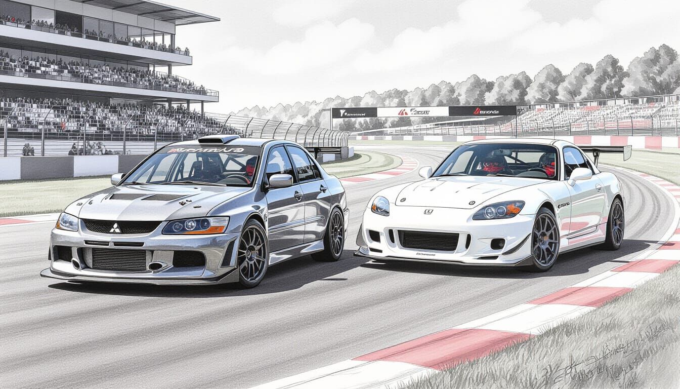 Mitsubishi Evo VIII and Honda S2000 on Race Track in Charcoa...
