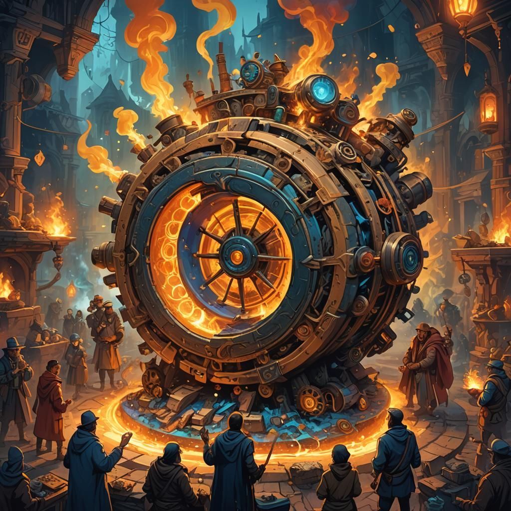 Mystical Artifact with Smoking Wheels in Dark Fantasy Style