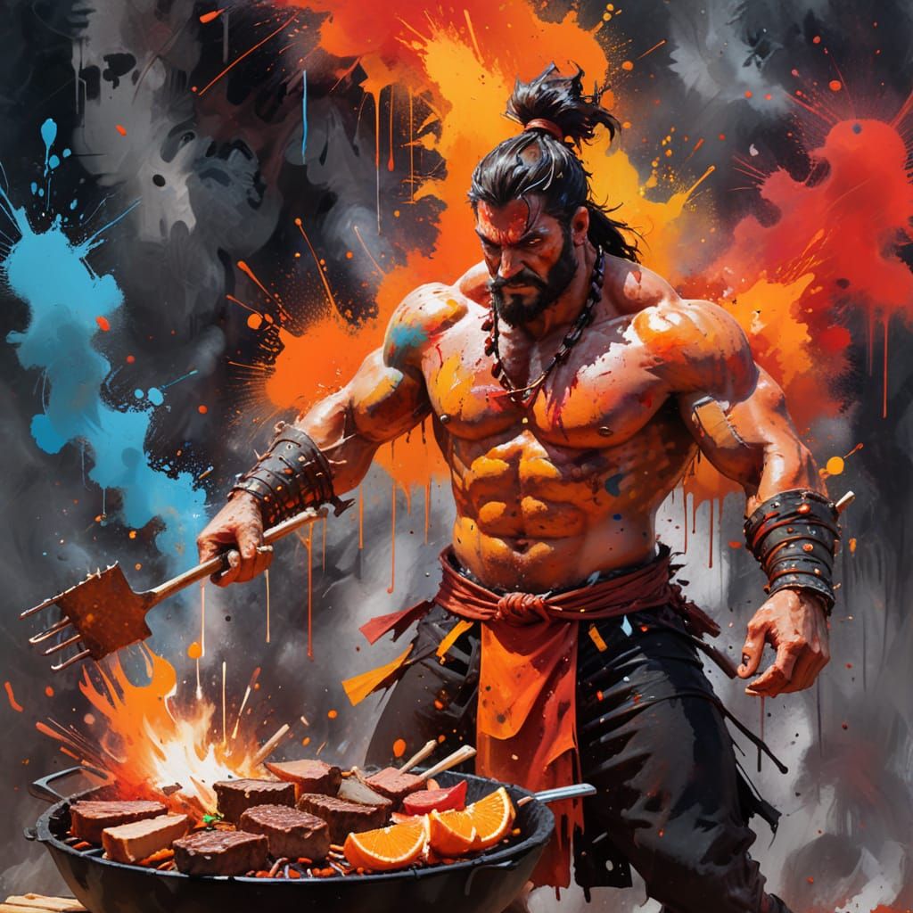 Barbarian Assassin Grilling Food in Action Painting Style