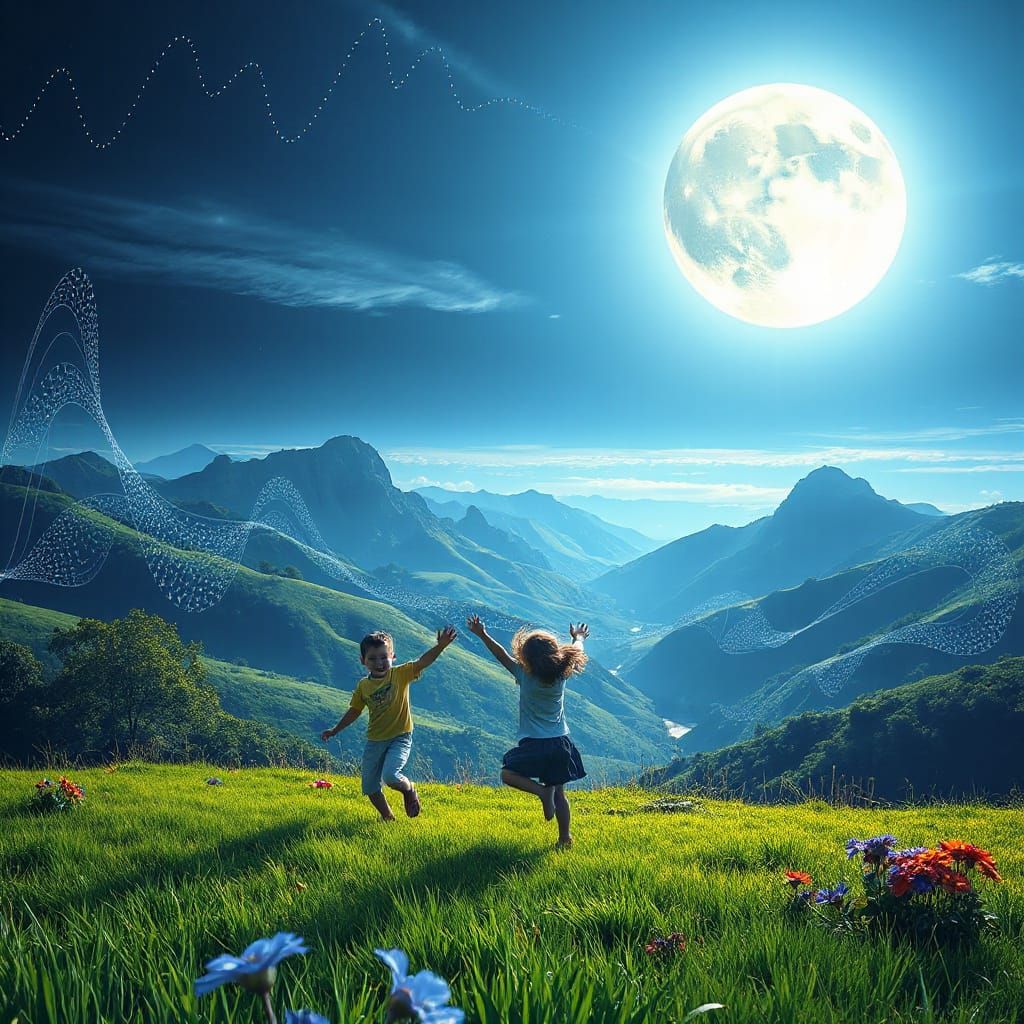 Children Play Under Luminous Moon Amidst Fractal Patterns