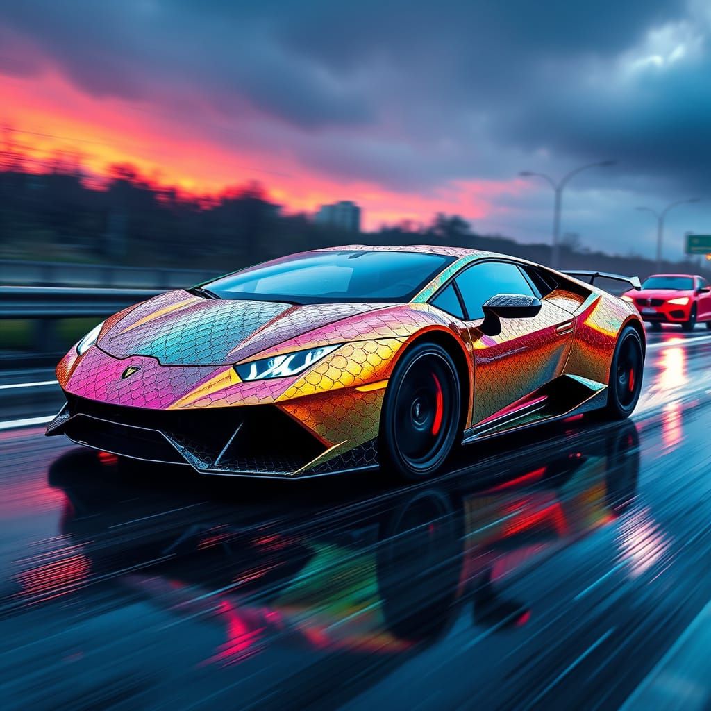 Dragon Scale Lamborghini at Dawn in the Rain