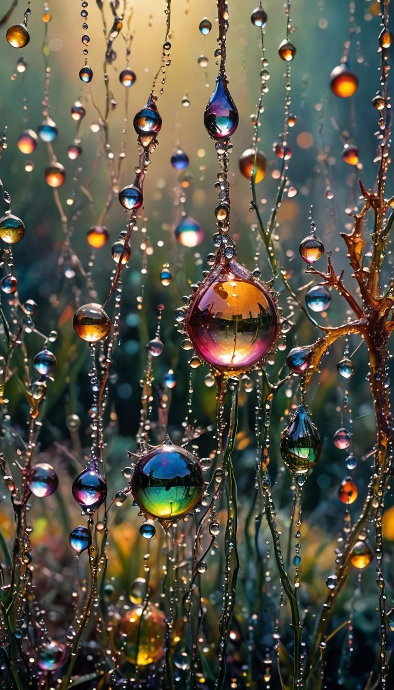Dew Drops in Morning Light: Surreal Watercolor