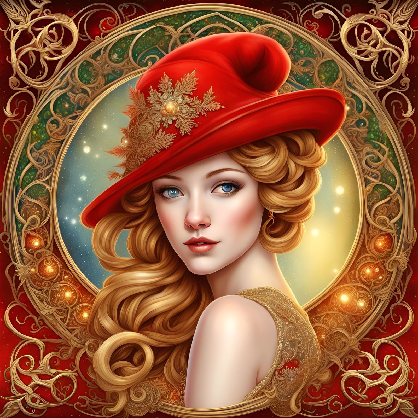 Beautiful Art Nouveau Cinderella in Christmas Red Hat