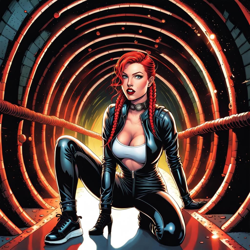 Curvy Student in Latex Catsuit Crawling Through Sewer