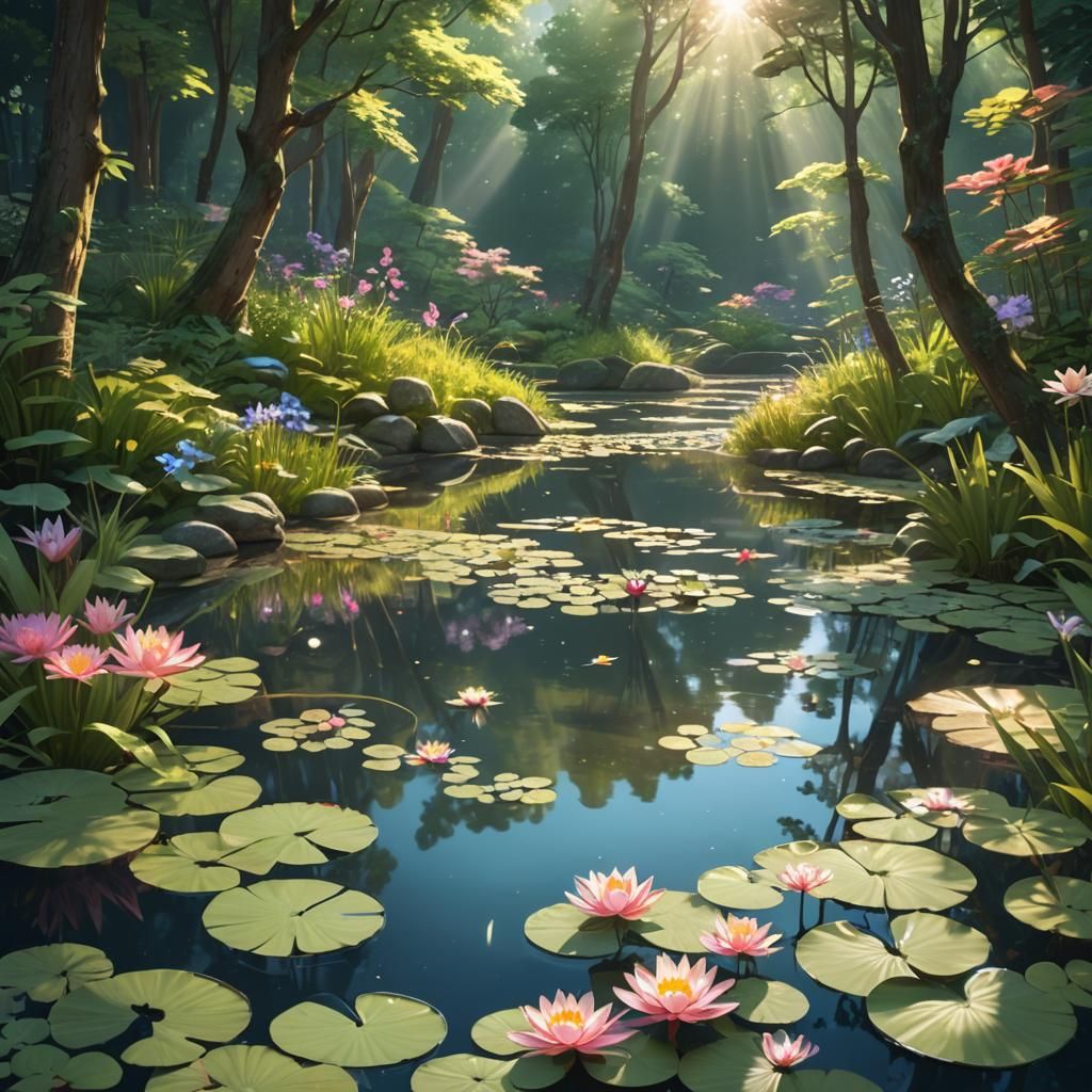 Tranquil Pond in Forest: Vibrant 3D Anime Art