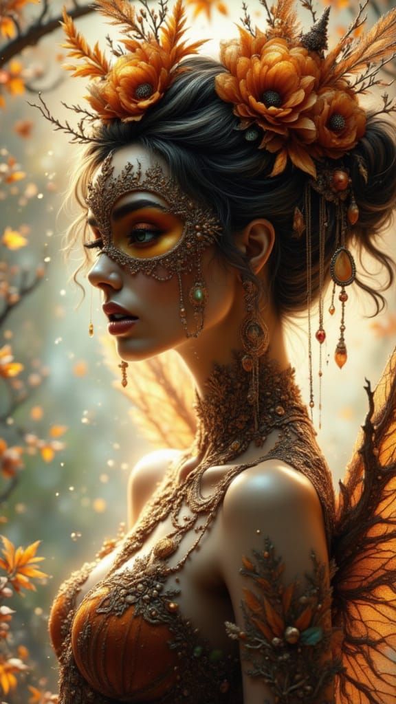 Autumn Goddess with Skeleton and Lace Mask