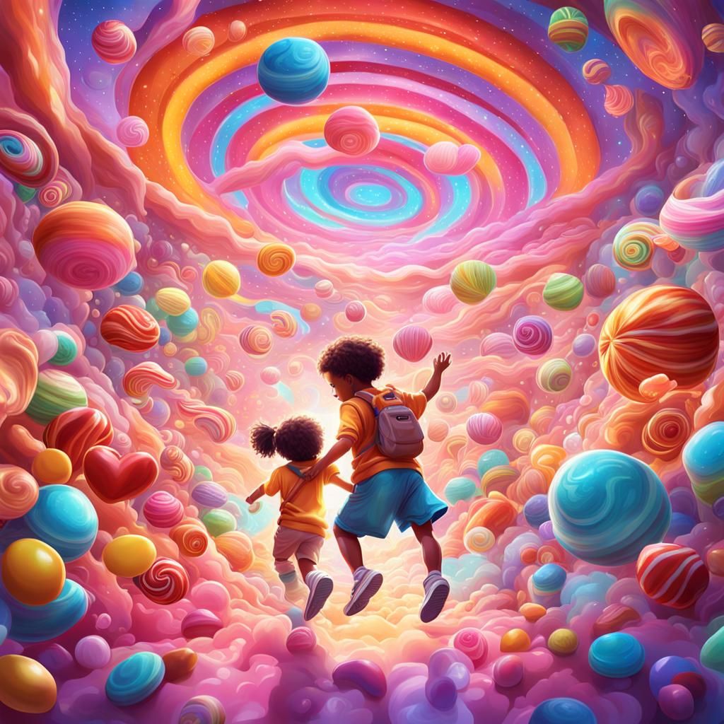 Hyperrealistic Candyland Children Dancing in Galaxy