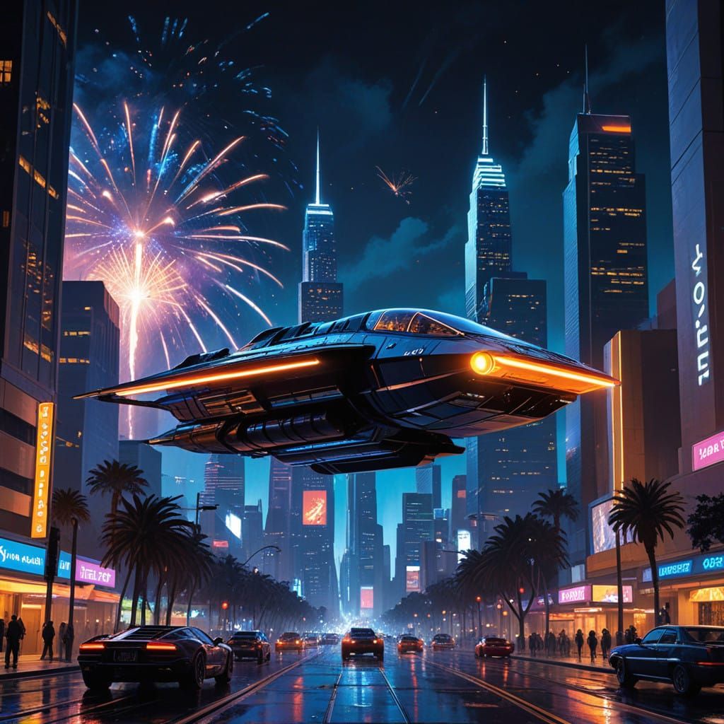 Futuristic Los Angeles at Midnight, Fireworks and Menacing S...