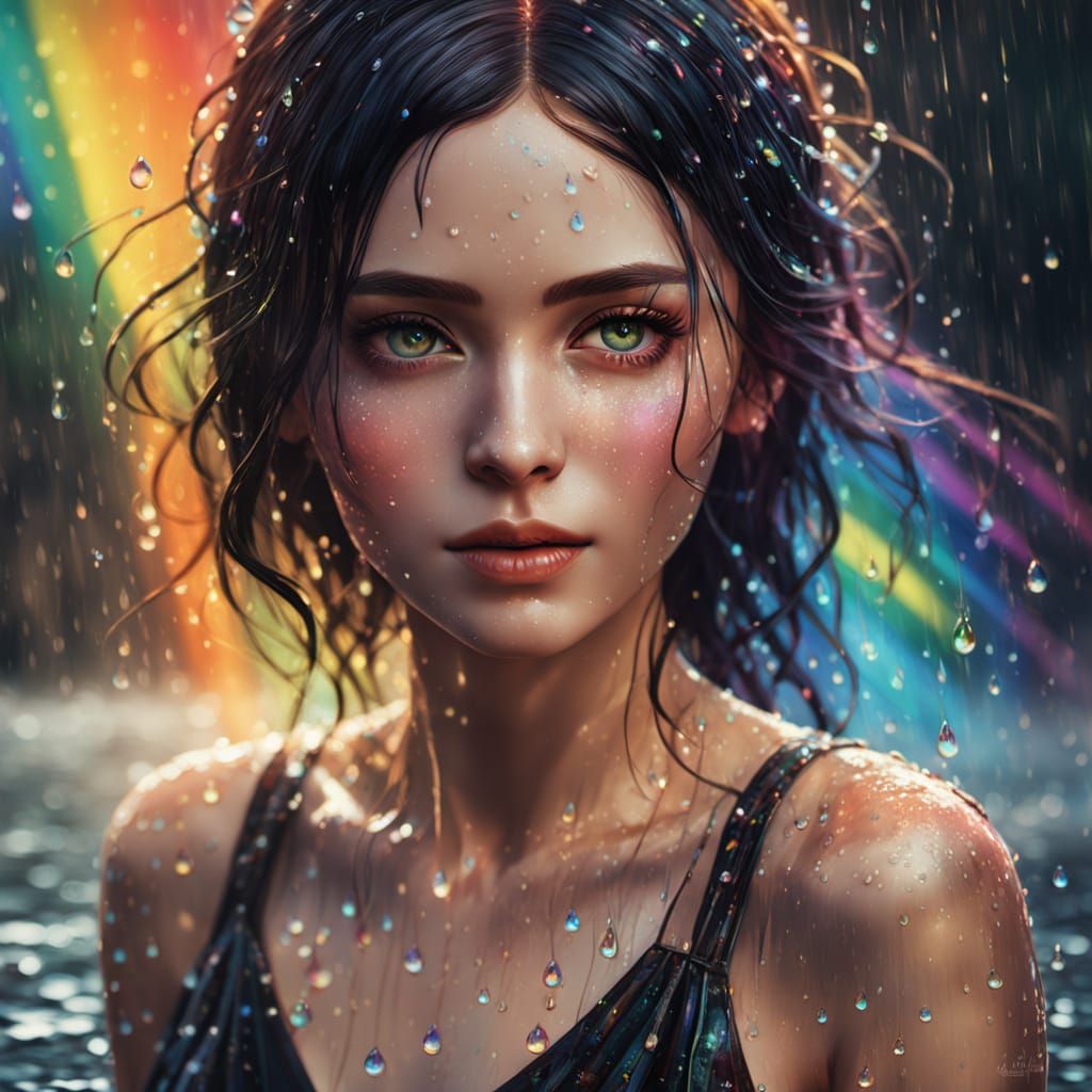 Rain-Soaked Beauty Admires Vibrant Rainbow in Microscopic De...