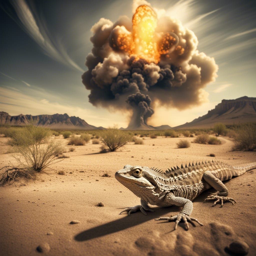 Lizard Witnessing Atomic Blast in Hyperrealistic Style