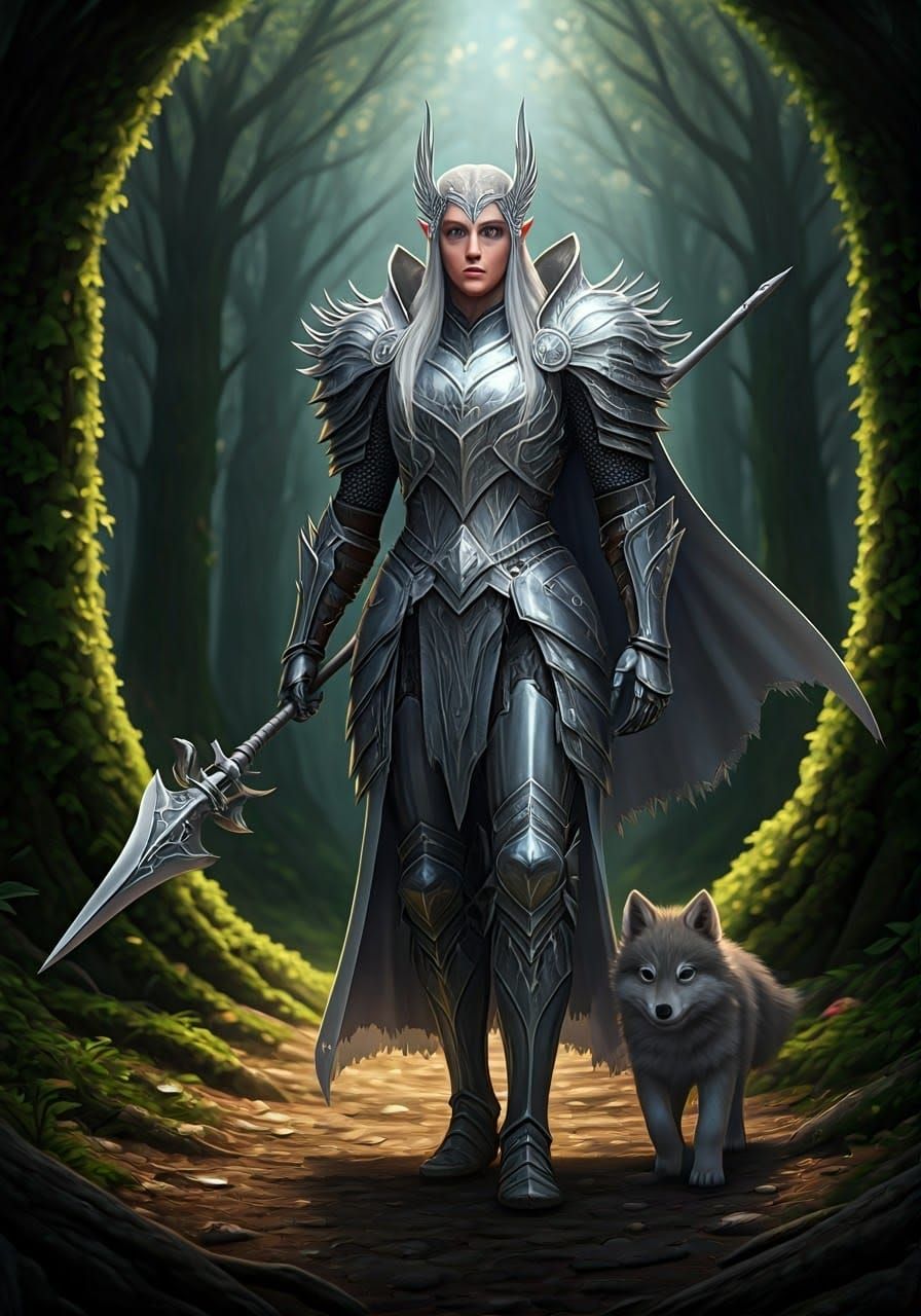 Elegant Elven Warrior and Fierce Wolf Companion in Anime Fan...