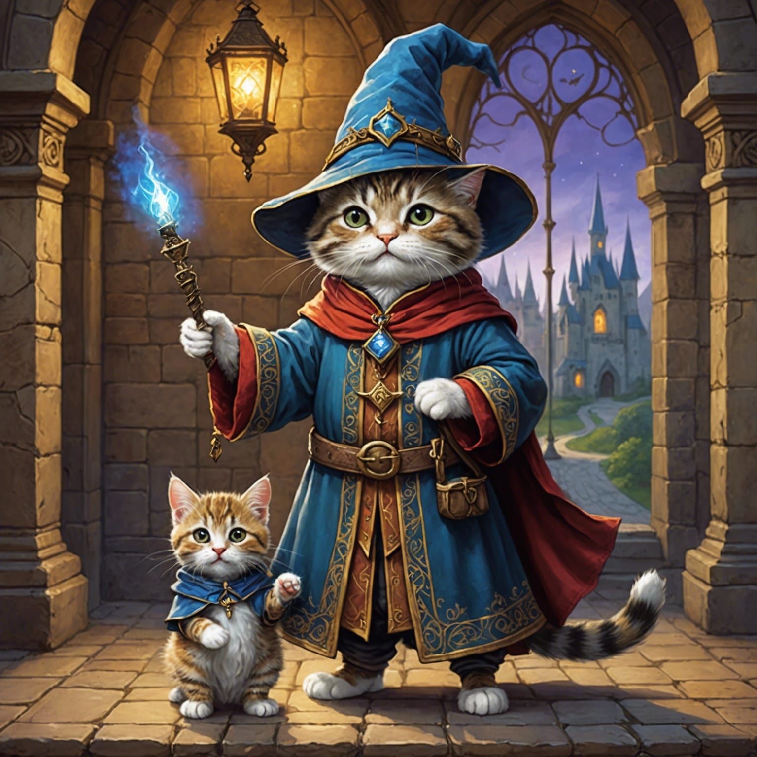 cute and adorable cat wizard dressed in medieval fantasy wiz...