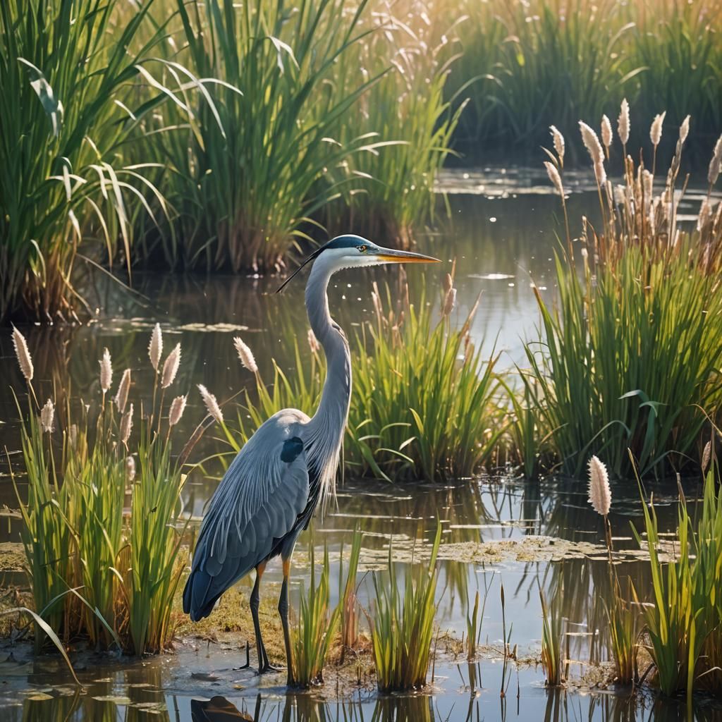 Heron in Dew-Kissed Swamp with Divine Light