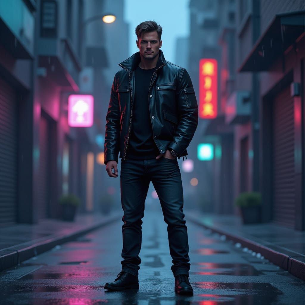 Carl Radiates Power in Futuristic Urban Alleyway