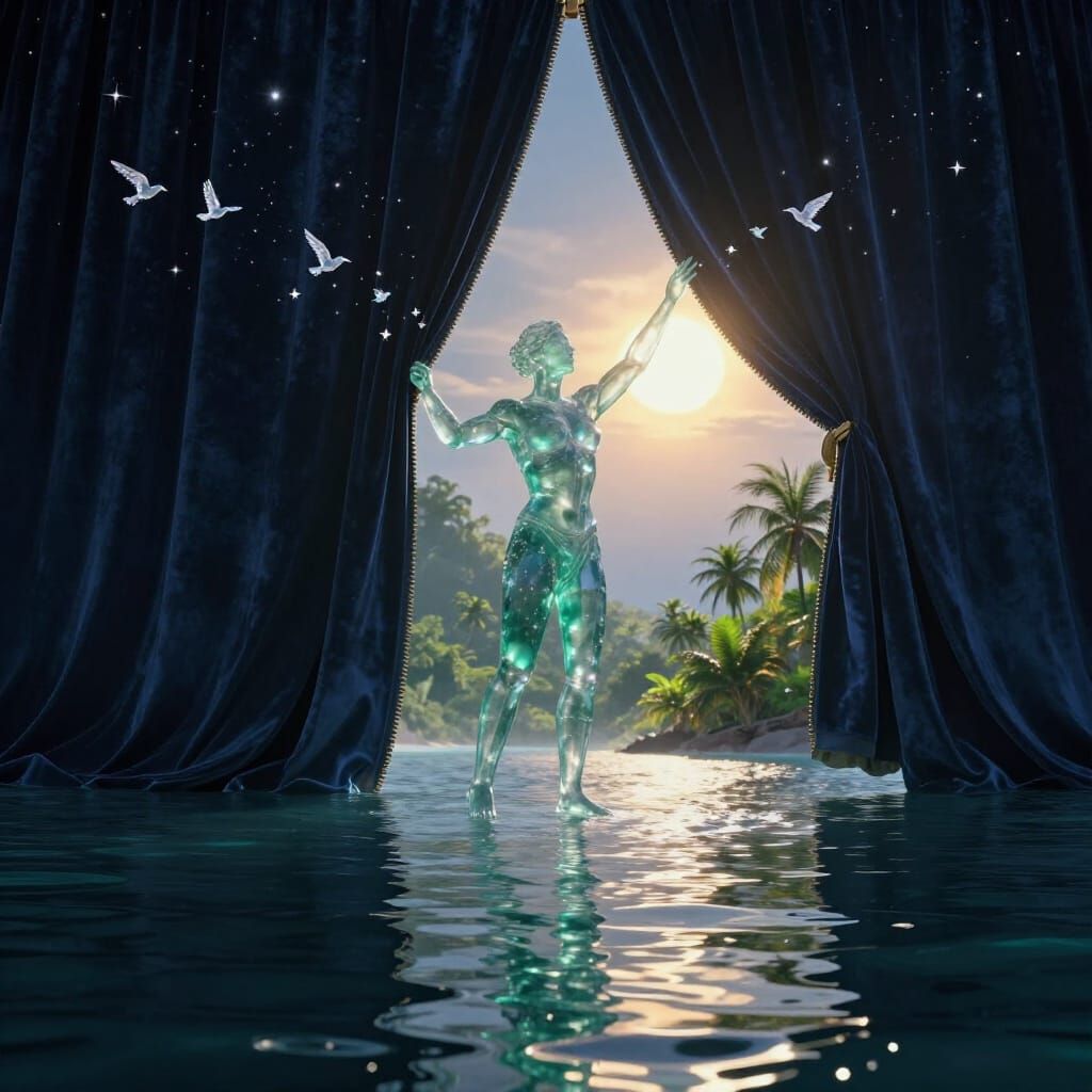 Giant Emerald Figure Unzips Night Sky to Reveal Paradise