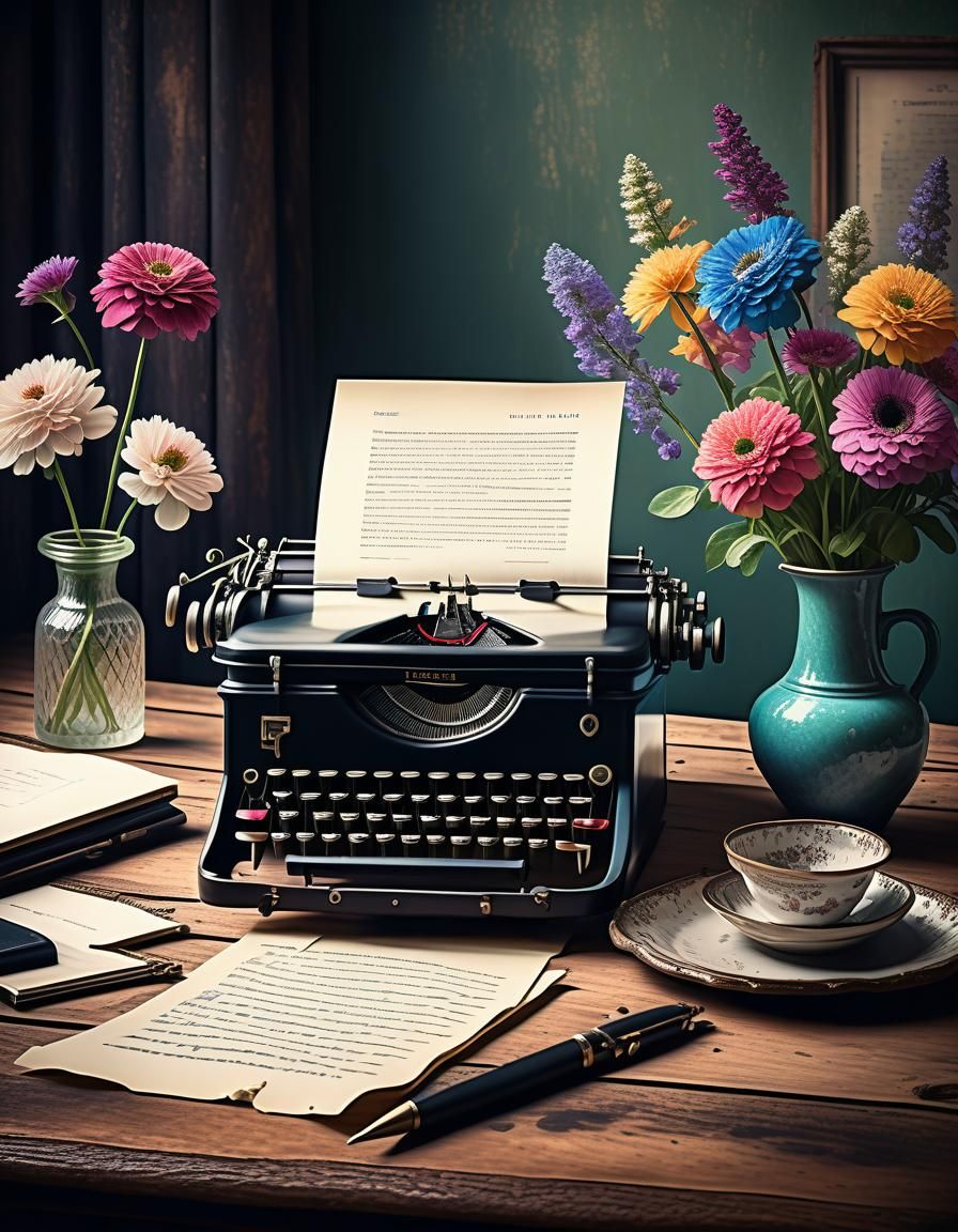 Vintage Typewriter with Flowers: Digital Matte Painting