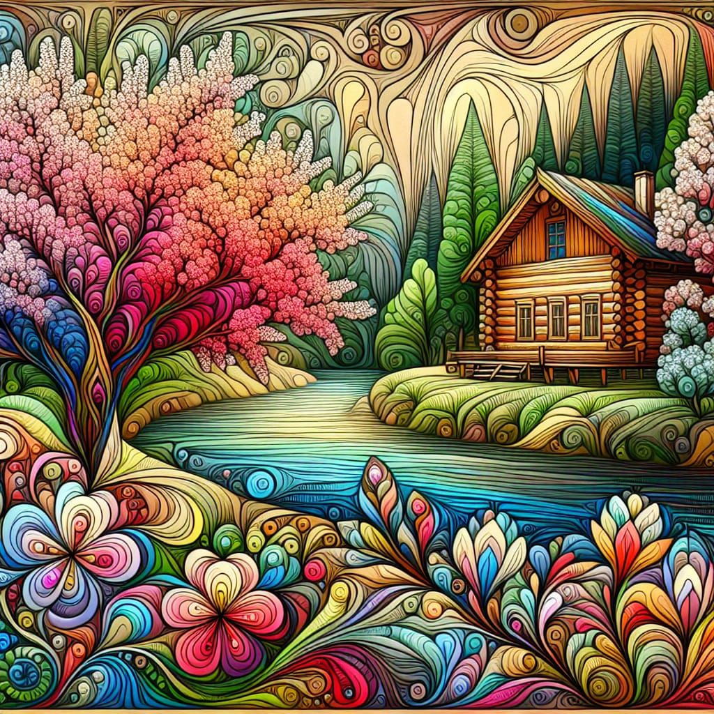 Springtime Masterpiece with Art Nouveau and Futurist Whimsy