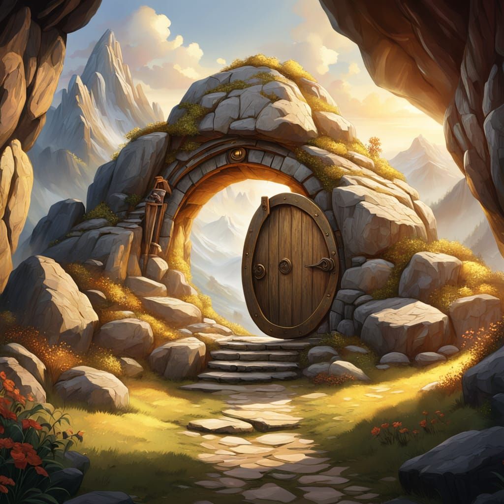 Majestic Hobbit Door in Mountain Landscape