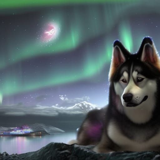 Alaskan Malamute Under Aurora Borealis: Fantasy Art