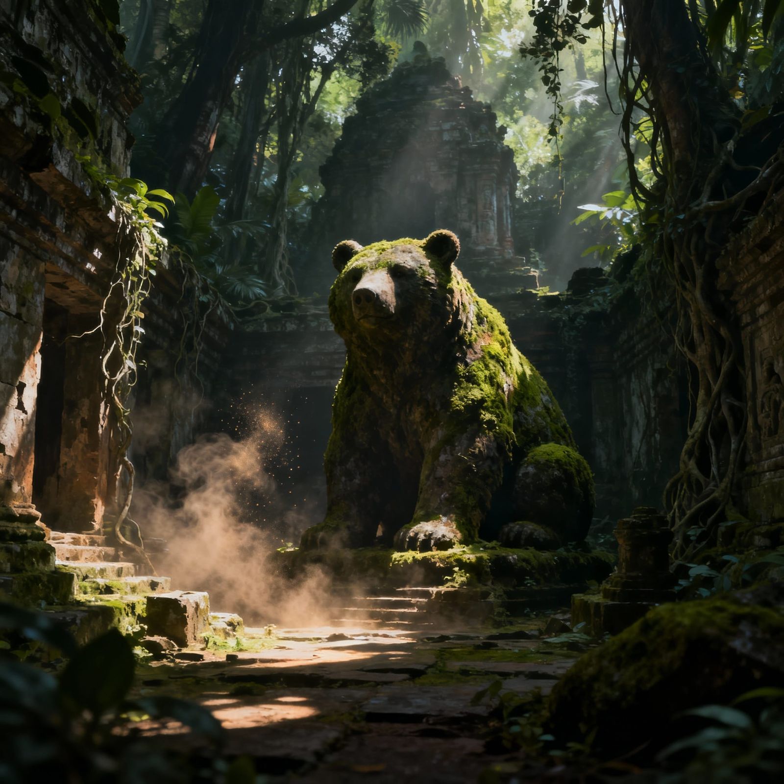 Ancient Bear Statue in Overgrown Temple Courtyard