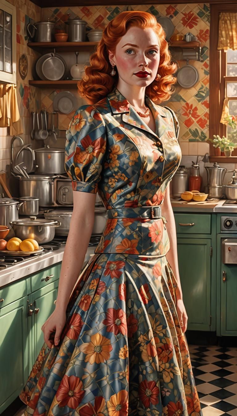 Vintage Redhead in 1940s Kitchen, Hyperrealistic Concept Art