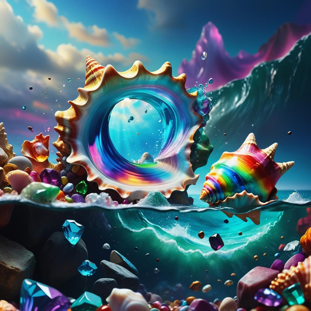 Rainbow Conch Shell Plunging into Gemstone Sea