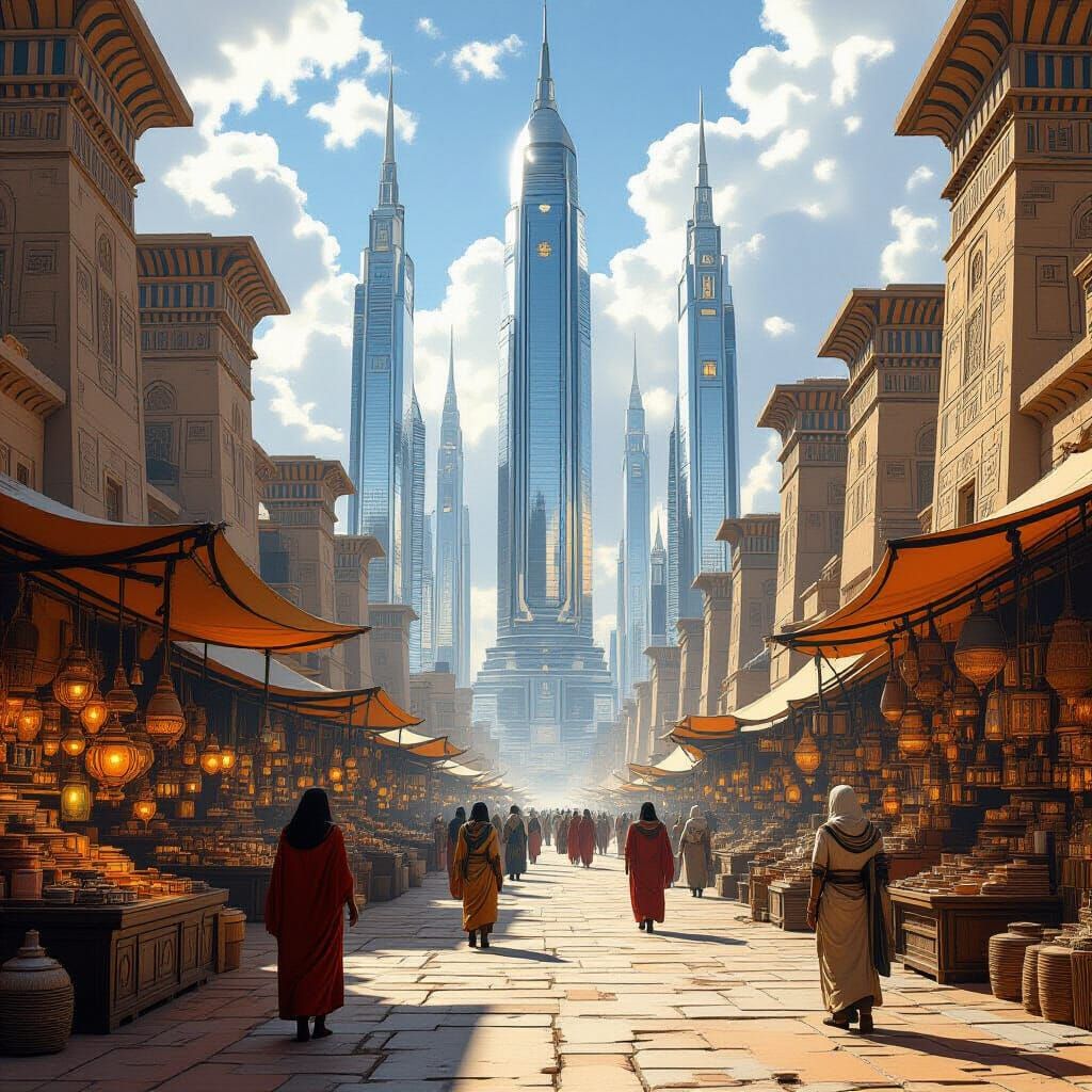 Ancient Egyptian Marketplace with Futuristic Skyscrapers