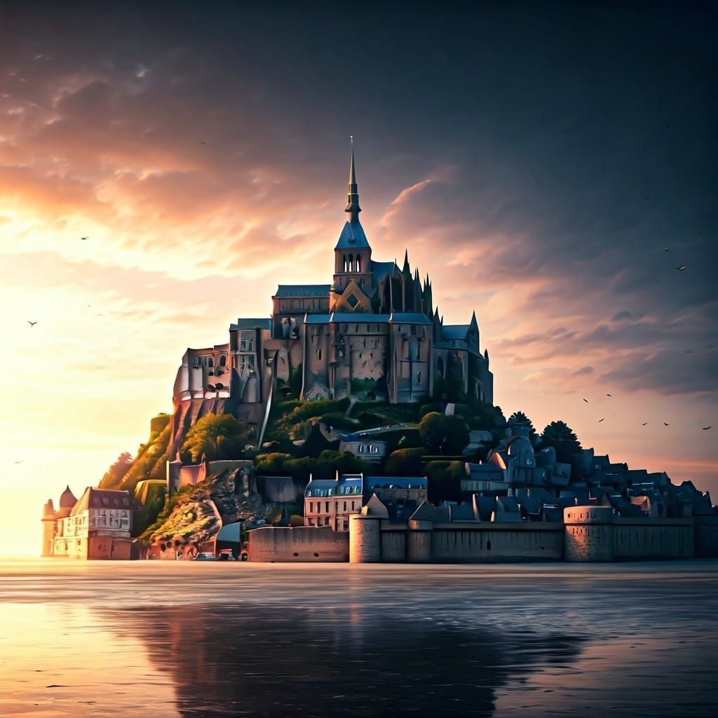 Majestic Mont Saint Michel in Warm Sunlight with Rising Tide...