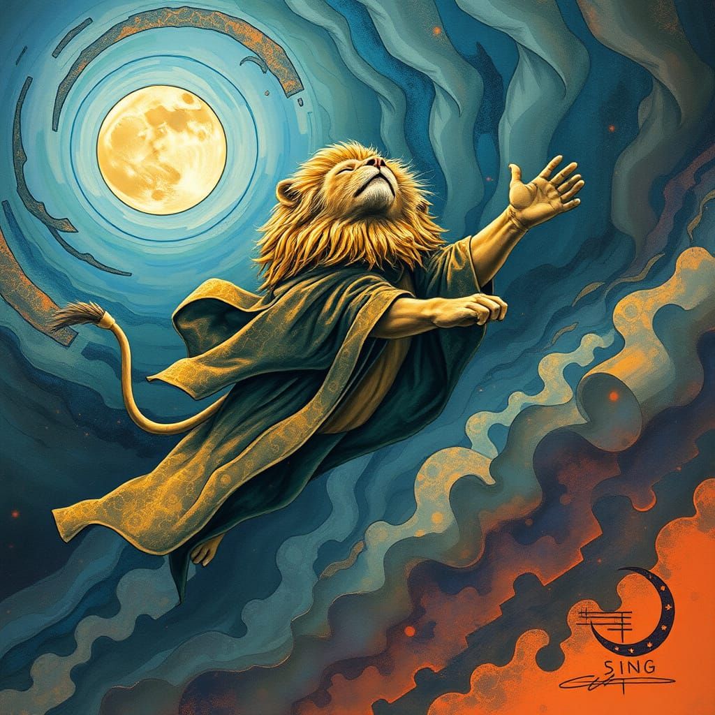 Lion in Cosmic Robe Leaping to the Moon
