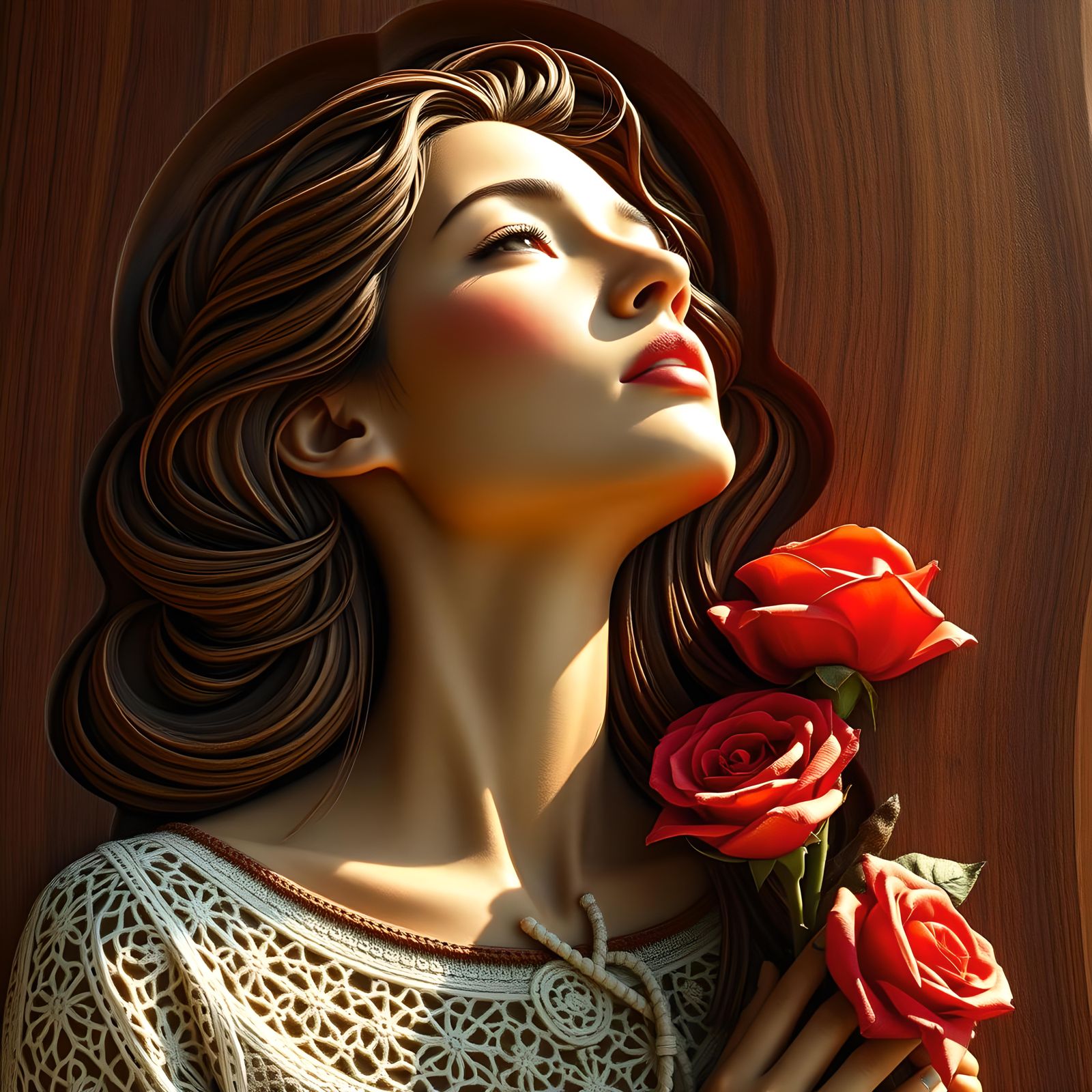 Cedar Relief Sculpture of Woman with Roses