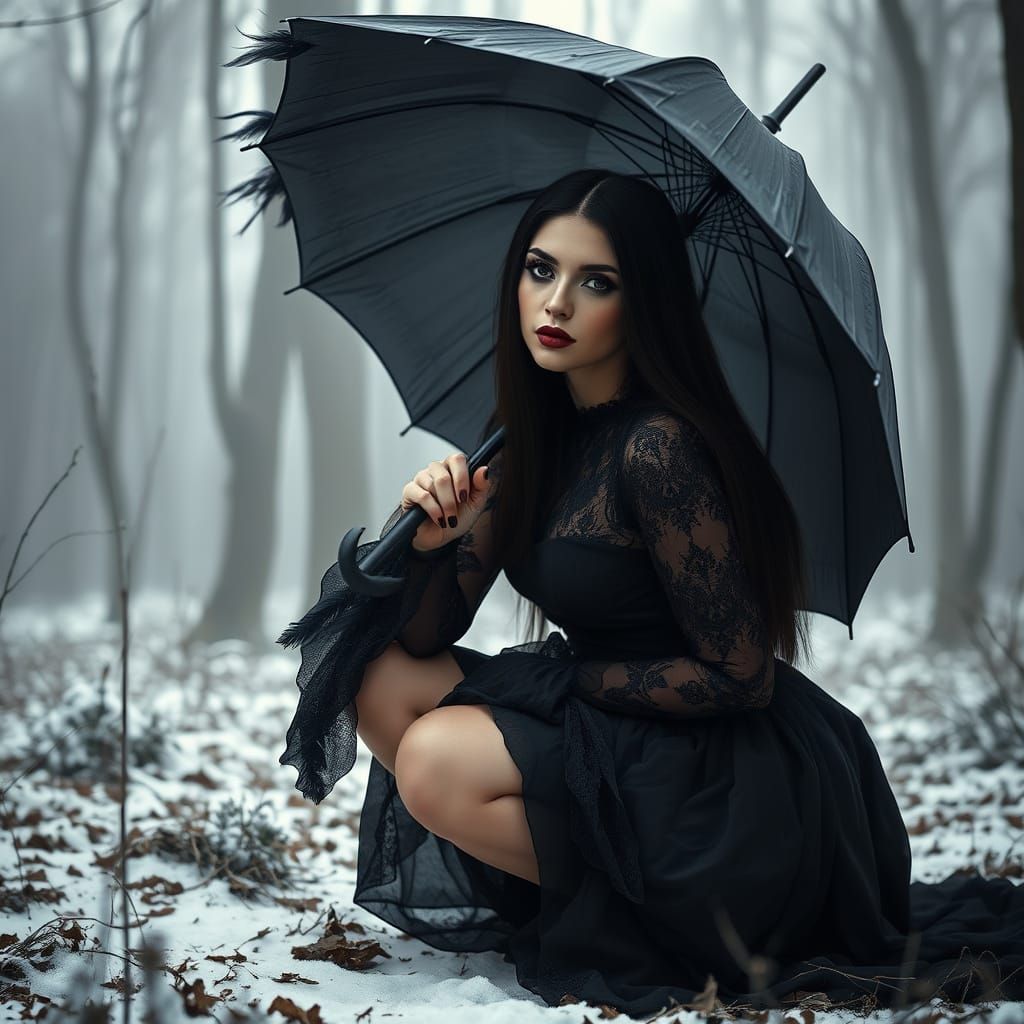 Gothic Woman in Snowy Forest with Umbrella