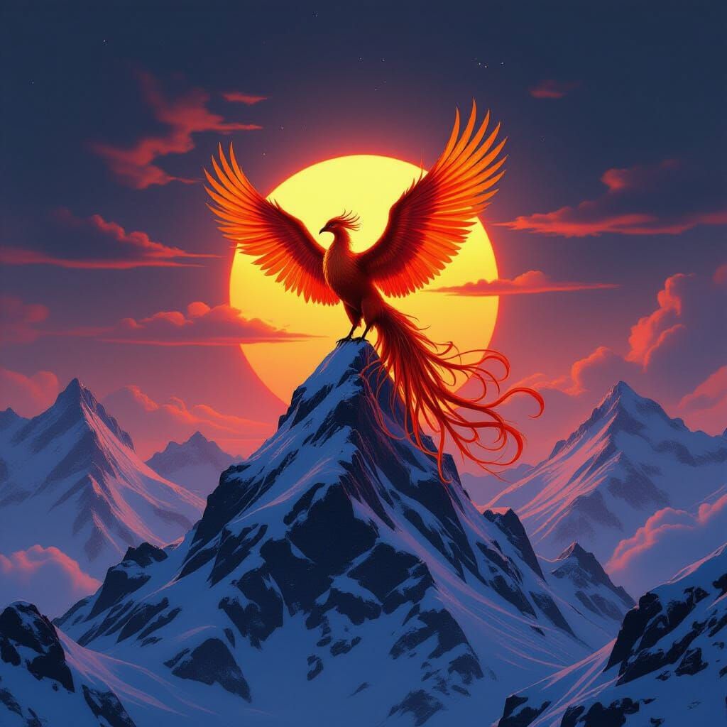 Phoenix on Snowy Peak Under Double Sunset