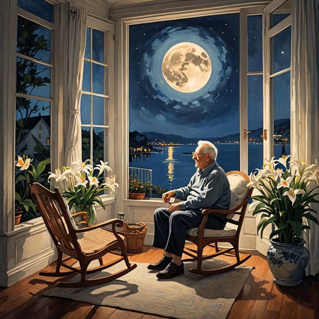 Cozy Night: Grandfather Relaxing Under Moonlight