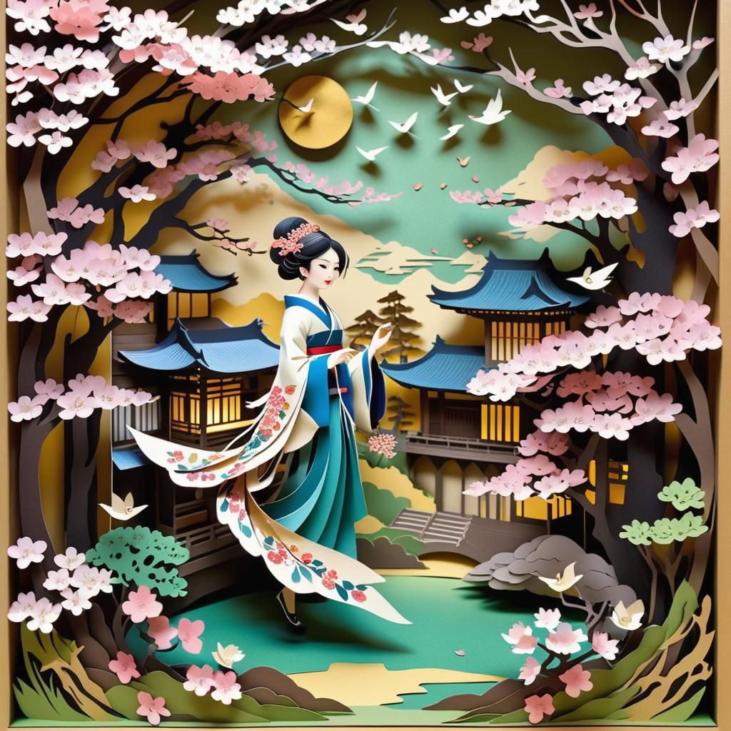 Baroque Kirigami Courtyard with Sakura and Birds