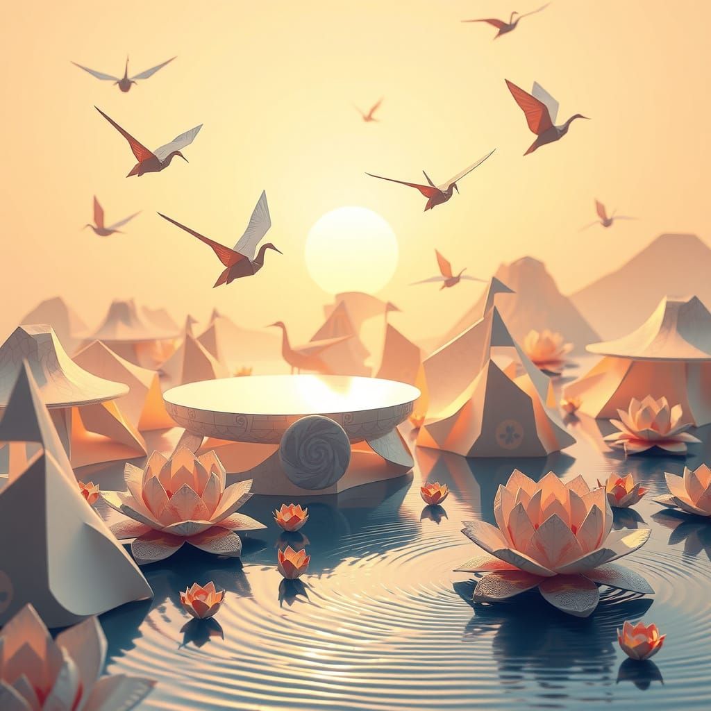 Serene Origami Landscape in Soft Pastel Hues