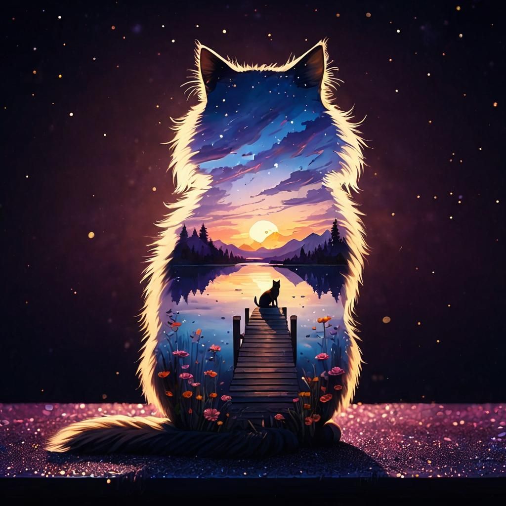 Elegant Cat Silhouette on a Mirrored Lake Landscape