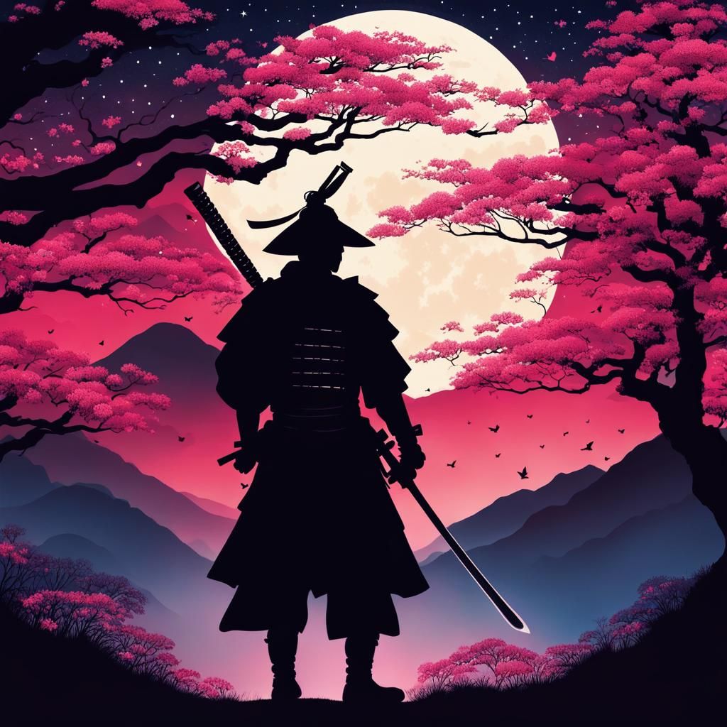Samurai Silhouette with Sakura Dreamscape