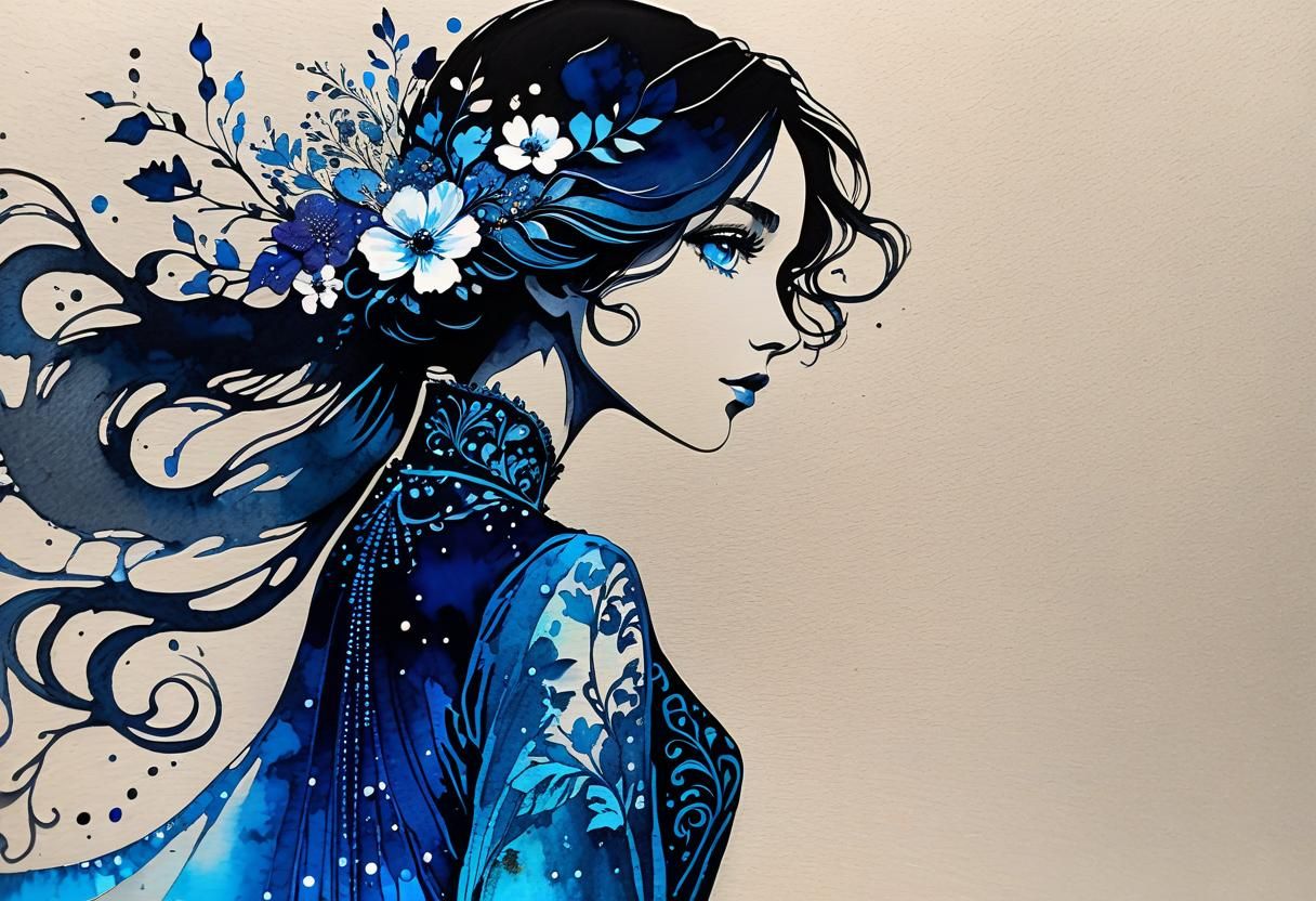 London Silhouette: Lady in Blue Ink Sketch