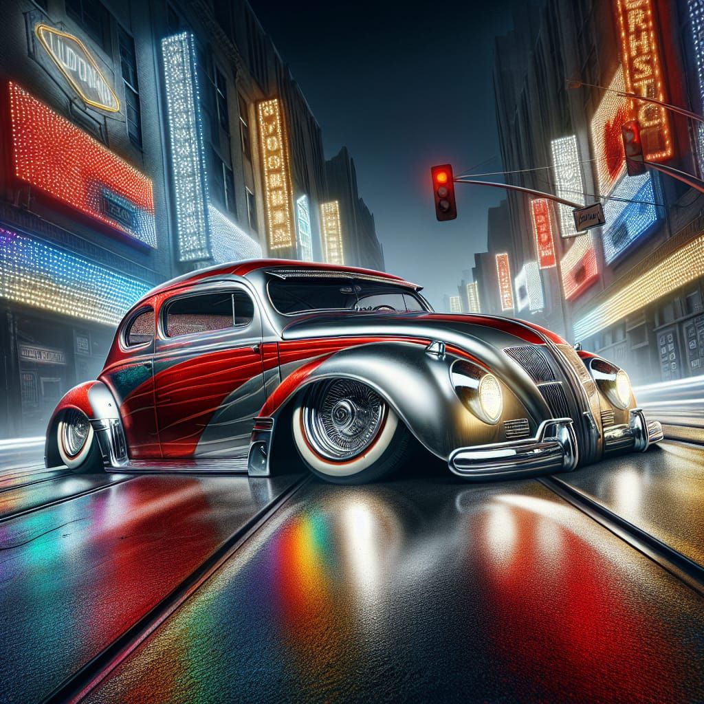 Detailed Airbrush Painting: Lowrider Beetle on City Street