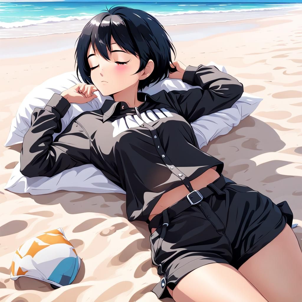 Anime Girl Sleeping on Beach