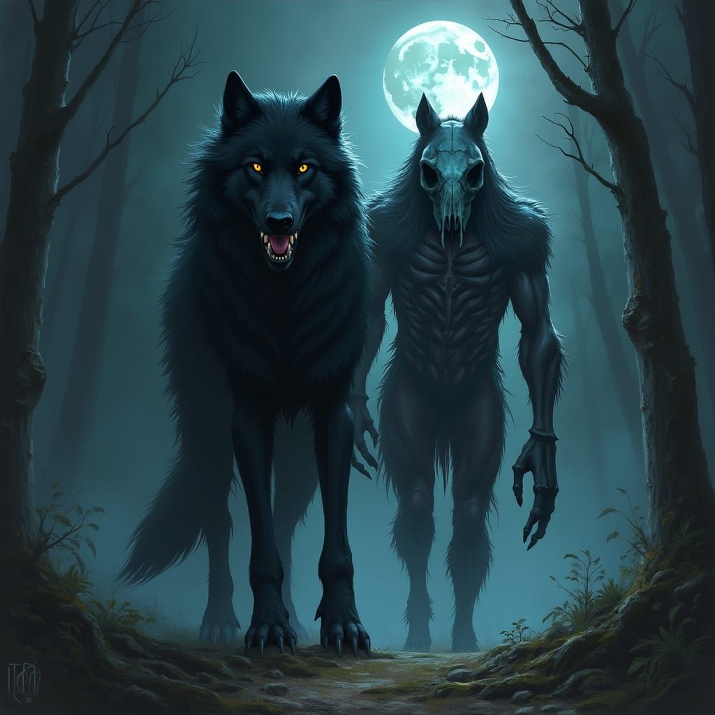 Majestic Black Wolf Stands Beside a Mystical Skinwalker in a...